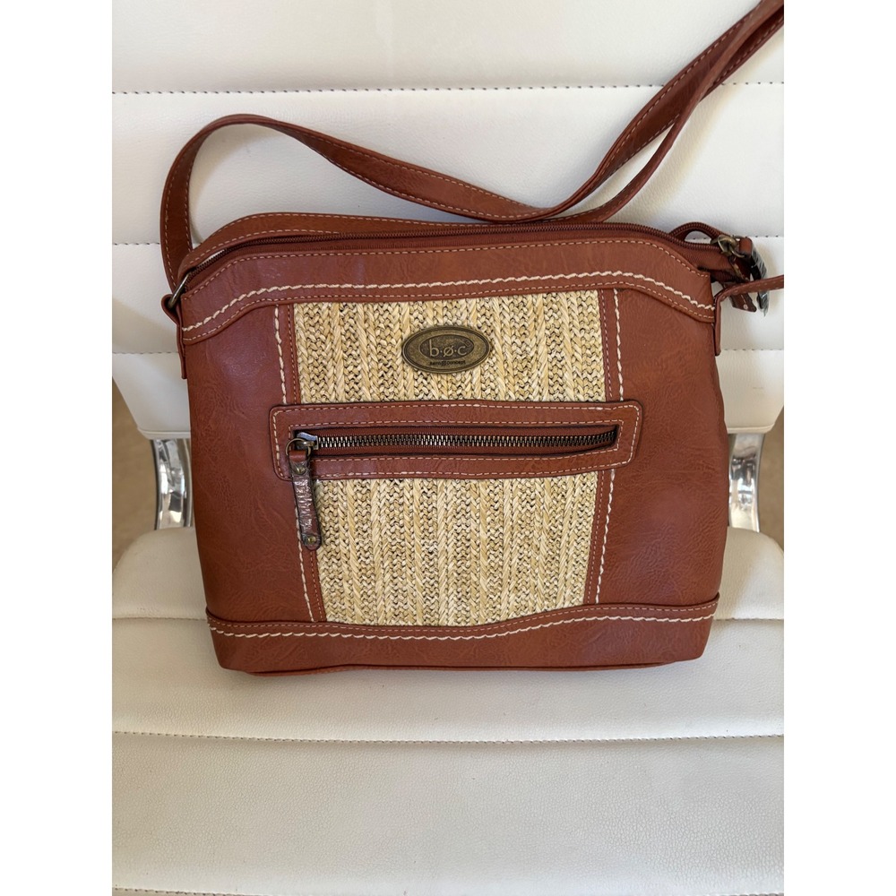 b.o.c.‎ Born Concept Brown Faux Leather and Woven Straw Crossbody Bag